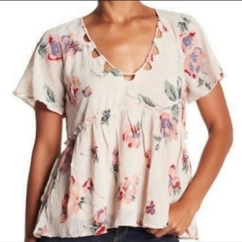 Lucky Brand Floral Flutter Sleeve Popover Peplum Blouse Top XL Textured Romantic